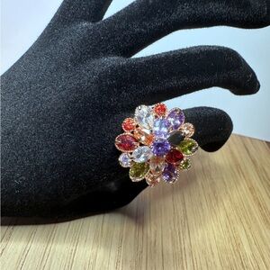 Vintage Multicolor Gemstone Floral Cocktail Ring Rose Gold Tone Size 10–10.5